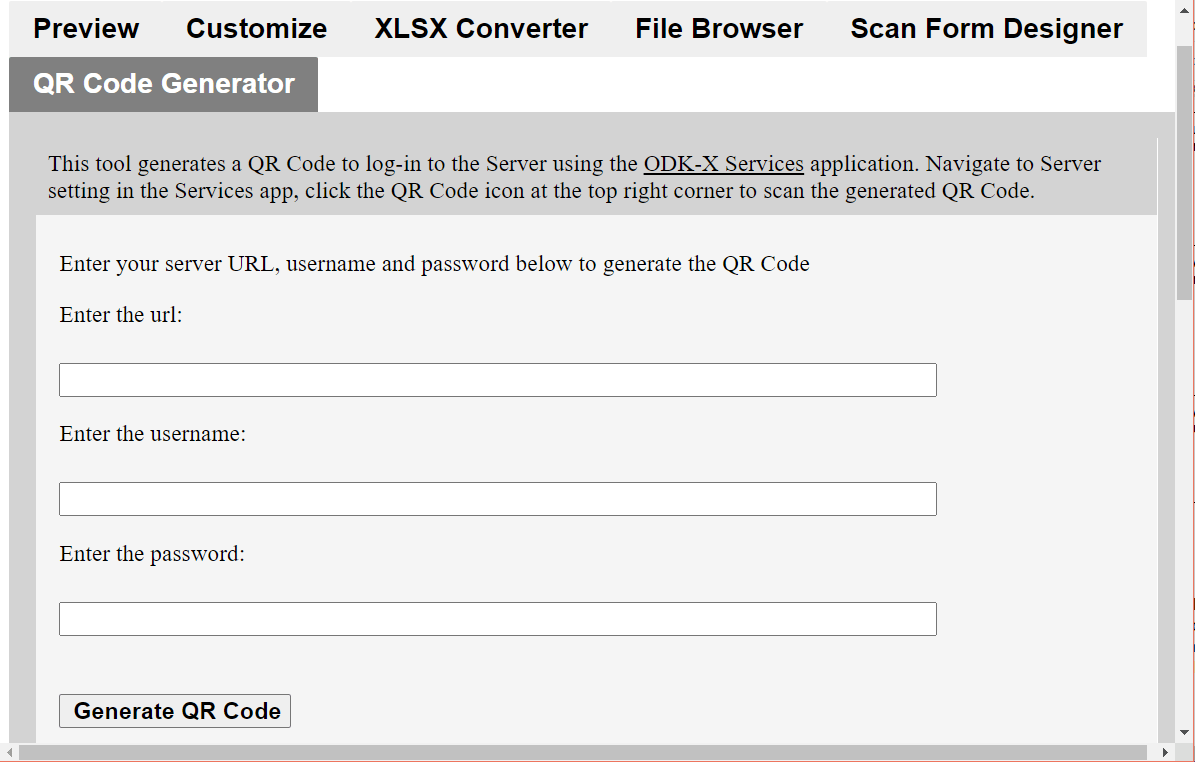 The QR Code Generator tab in the ODK-X Application Designer