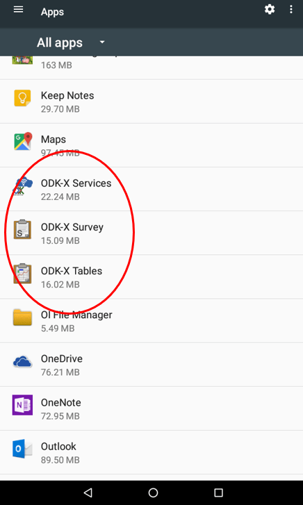 Finding ODK-X Apps in Settings