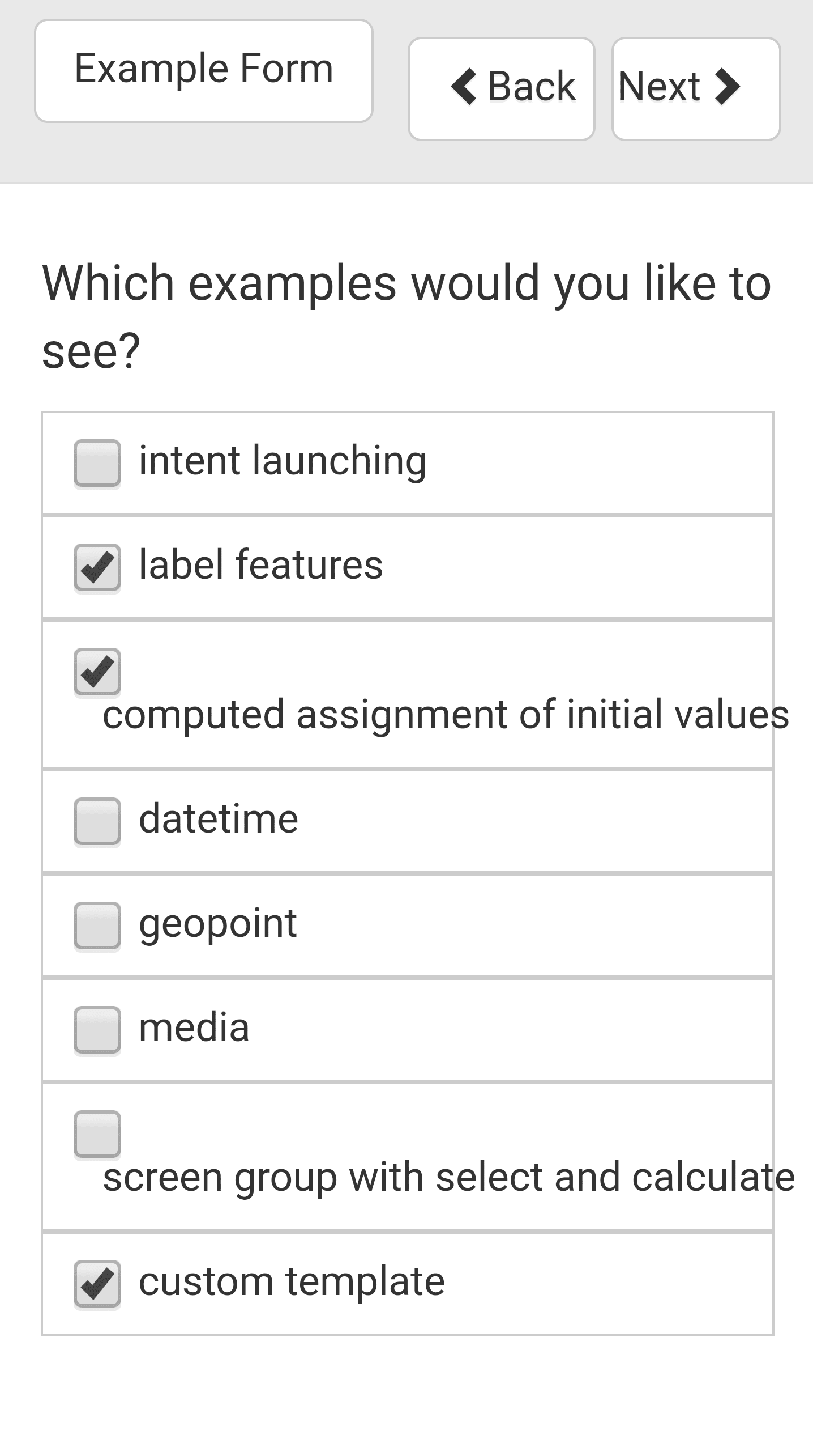 Survey Example Form Prompt Selection