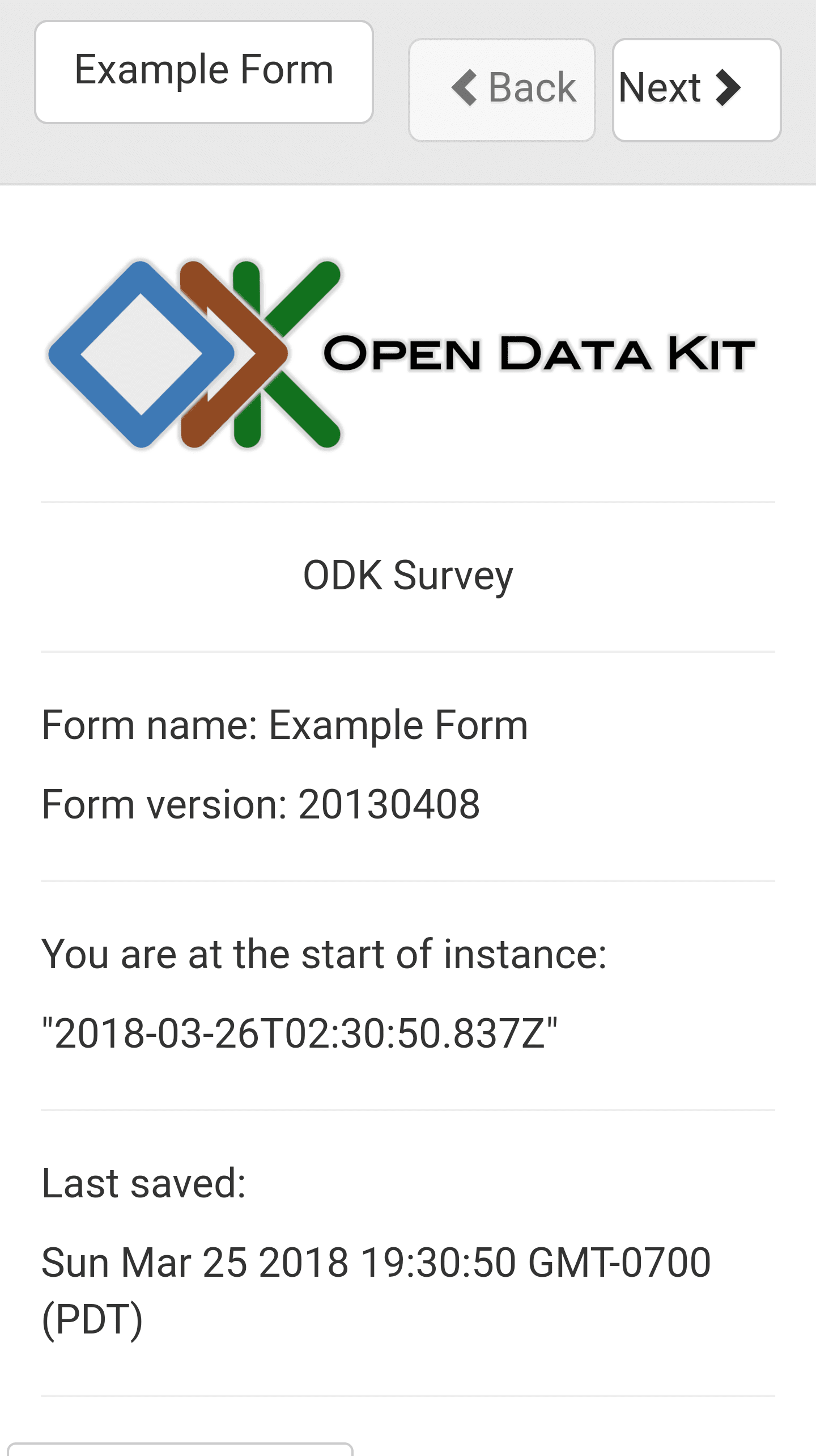 Survey Example Form Start Screen